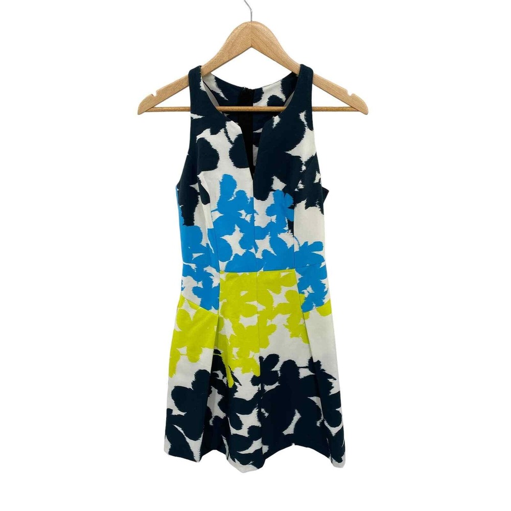 Milly Halter Dress Women 0 White Blue Yellow Abstract Print Cotton Blend Pockets